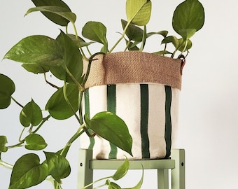Forest Green Canvas Planter Cover, Striped Fabric Plant Pot, Natural Home Decor, Indoor Plant Basket, Elegant Striped Plant Pot Cover