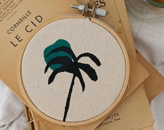 Palm Tree Wall Art Hand Block Printed, Tropical Embroidery Hoop Decor, Minimalist Linocut Style Wall Hanging, Gift from Greece, Beach House