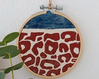 Block Printed Wall Hanging: Rustic Boho Linocut Design - Bamboo Embroidery Hoop, Small 10cm Accent