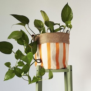 Orange Striped Canvas Planter | 20cm Indoor Plant Pot Hand Printed Fabric, Boho Basket with Waterproof Lining, Leather | Urban Gardener Gift