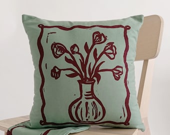 Folk Art Floral Pillow | Sage Green & Burgundy Cushion | Hand Block Print Flower Vase | Cottagecore Room Decor | Modern Rustic Home Gift