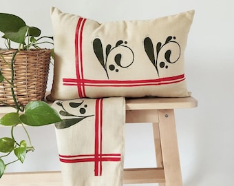 Vintage Motif Linen Lumbar Pillow | Cottagecore & Grandmillennial Decor | Hand Block Printed Red Olive Cushion | Modern Rustic Home Gift