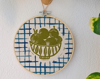 Fruits Motif Hand Printed Artwork, Original Blockprint Wall Decor, Rustic Boho Linocut Art,15cm Diameter, Bamboo Frame, Kitchen Wall Hang