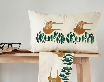 Folk Art Bird Cushion Cover | Hand Block Printed Pillow | Traditional Greek Folk Design | Boho Bird Decor | Eclectic Cotton Lumbar Cushion