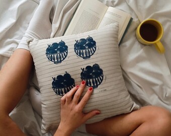 Navy Fruit Bowl Striped Pillow | Cottagecore Farmhouse Decor | Hand Block Printed Folk Art Cushion | Slow Living Kitchen Decor | Rustic Gift