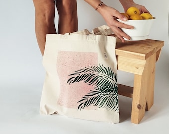 Palm Leaf Print Canvas Bag, Tropical Handprinted Tote , Colorful Shopping Bag, Vegan Shoulder Purse, Tropical Leaves Tote