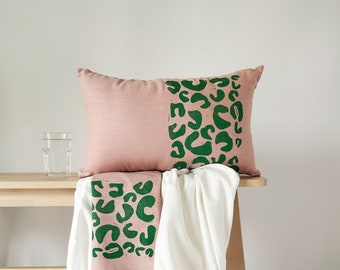 Colorful Animal Print Linen Pillow, Contemporary Print Lumbar Pillow, Pink and Teal Modern Home Cushion