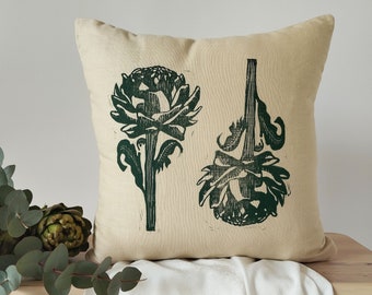 Artichoke Block Print Pillow | Botanical Linen Cushion | Deep Green Mediterranean Decor | Cottagecore Farmhouse | Kitchen Garden Room Gift