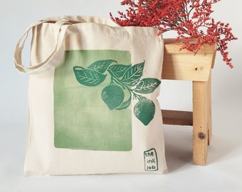 Lemon Tree Blockprinted Tote, Artsy Canvas Bag, Aesthetic Reusable Tote, Farmer's Market Cotton Bag