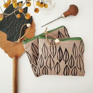 Borsa in lino con stampa a foglie semplici, pochette con cerniera e foglie stampate a blocchi, piccola borsa da toilette vegana