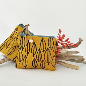 Carteira de tecido com estampa de folhas minimalista, bolsa com zíper inspirada na natureza, bolsa de lona com estampa de blocos