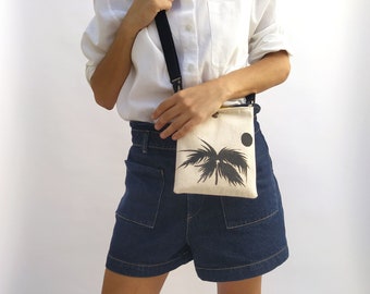 Small Crossbody Purse with Palm Tree, Blockprinted Canvas Sling Bag, Tropical Print Mini Purse