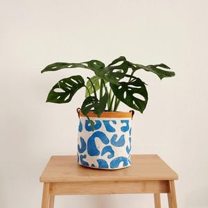 Può includere: Una pianta di Monstera verde in un vaso di tessuto bianco con forme astratte blu e un manico in pelle marrone. Il vaso è appoggiato su un tavolo di legno.