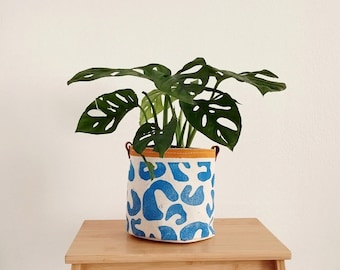 Indoor Plant Basket - Bohemian Fabric Planter Block Printed Cotton - Vibrant Pattern, Burlap Lined, 15x15cm Size