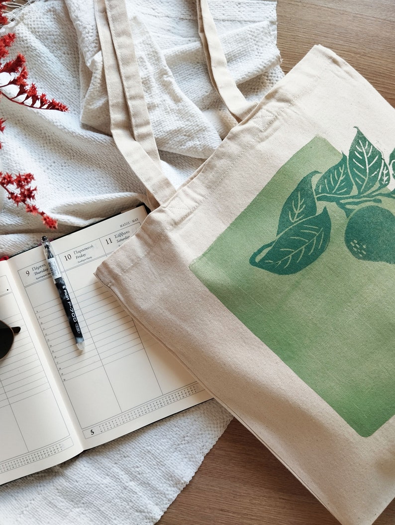 Lemon Tree Blockprinted Tote, Artsy Canvas Bag, Aesthetic Reusable Tote, Farmer's Market Cotton Bag image 10