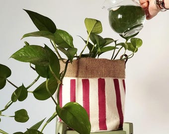 Burgundy Canvas Planter Cover, Hand Painted Striped Plant Pot, Cozy Home Decor, Indoor Fabric Plant Basket, Plant Lover Gift
