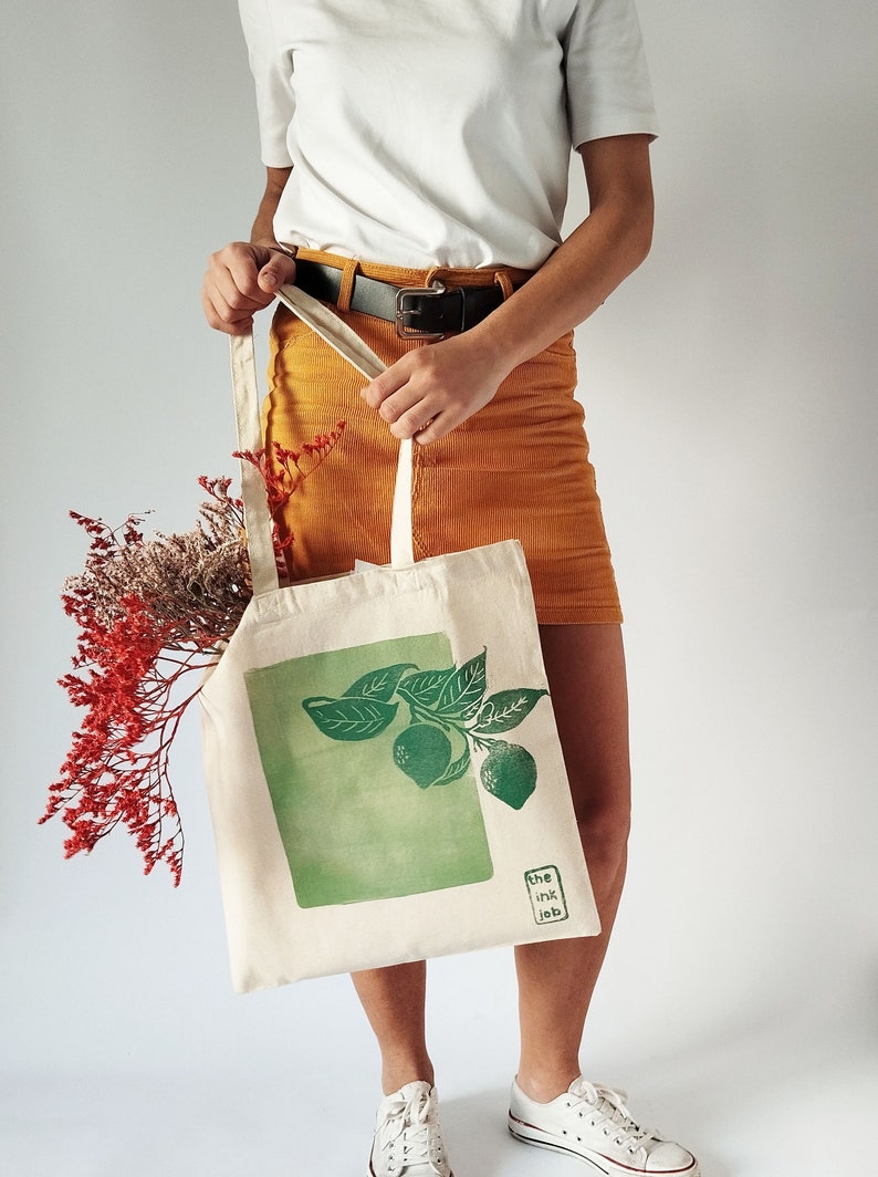 Lemon Tree Blockprinted Tote, Artsy Canvas Bag, Aesthetic Reusable Tote, Farmer's Market Cotton Bag image 2