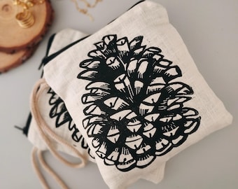 Pinecone Wristlet Pouch, Woodland Zipper Bag, Linen Cosmetic Bag, Nature Travel Organizer, Forest Lover Gift, Rustic Clutch