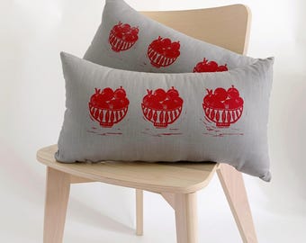 Pomegranate Bowl Linen Pillow | 30x50cm Hand Printed Lumbar Cushion  | Cottagecore Kitchen Decor | Modern Farmhouse Pillow | Eclectic Gift