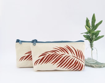 Minimalist Palm Leaf Make-up Purse, Tropical Print Bag Organizer, Cotton Canvas Cosmetic Bag, Small Casual Clutch
