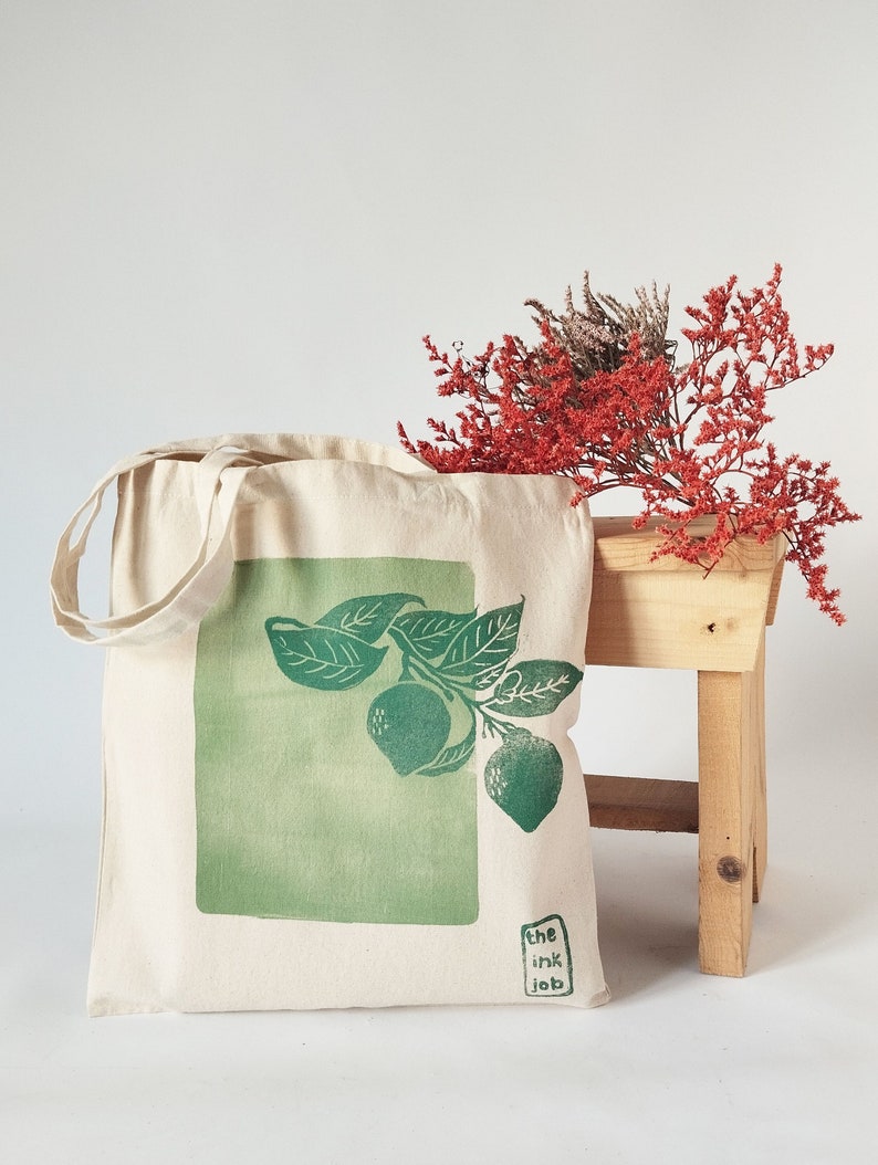 Lemon Tree Blockprinted Tote, Artsy Canvas Bag, Aesthetic Reusable Tote, Farmer's Market Cotton Bag image 1