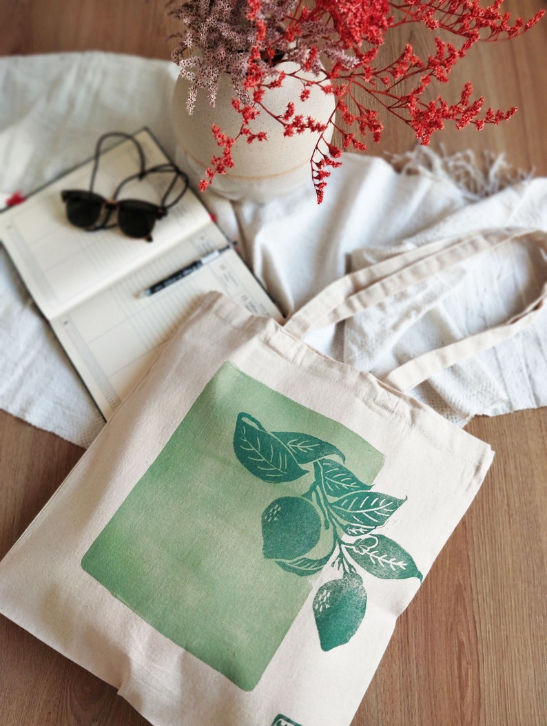 Lemon Tree Blockprinted Tote, Artsy Canvas Bag, Aesthetic Reusable Tote, Farmer's Market Cotton Bag image 9