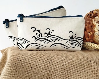 Japanese Wave Pencil Case, Cotton Canvas Zipper Pouch, Pencil Pouch, Desk Organizer, Stationery Case, Makeup Bag, Hand PaintedGift