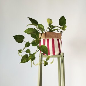 Orange Striped Canvas Planter | 20cm Indoor Plant Pot Hand Printed Fabric, Boho Basket with Waterproof Lining, Leather | Urban Gardener Gift Red