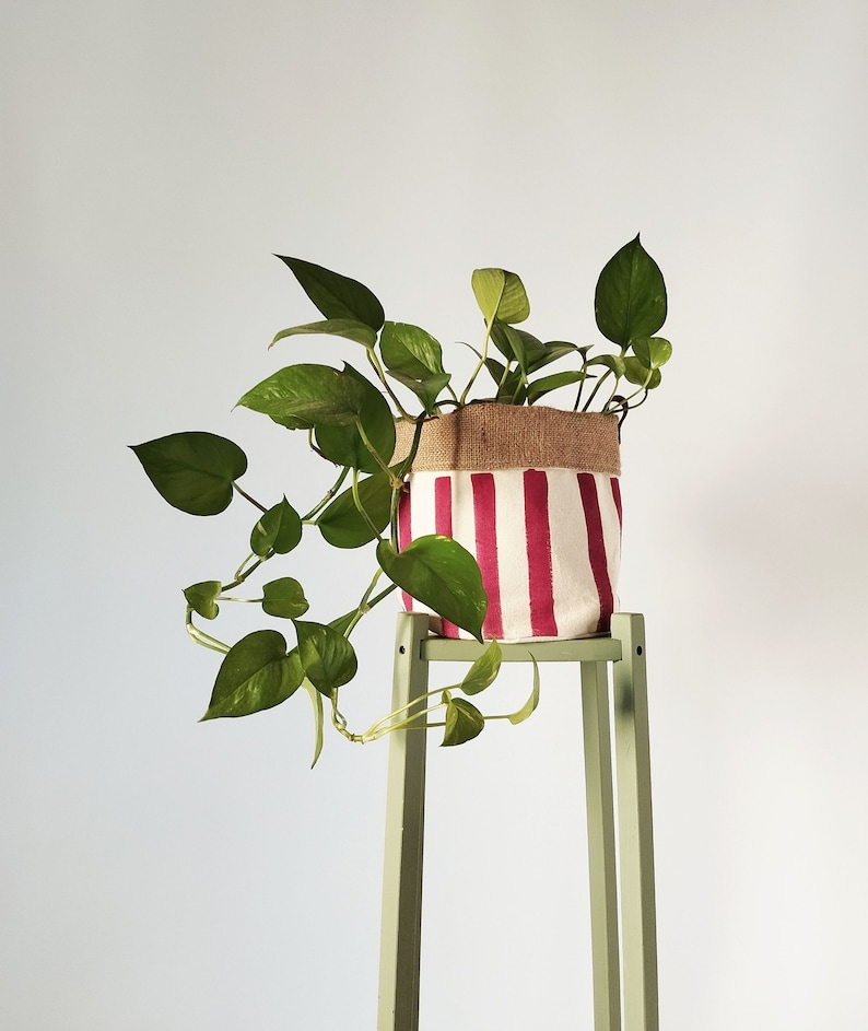 Orange Striped Canvas Planter | 20cm Indoor Plant Pot Hand Printed Fabric, Boho Basket with Waterproof Lining, Leather | Urban Gardener Gift Red