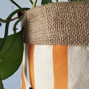 Orange Striped Canvas Planter | 20cm Indoor Plant Pot Hand Printed Fabric, Boho Basket with Waterproof Lining, Leather | Urban Gardener Gift image 8