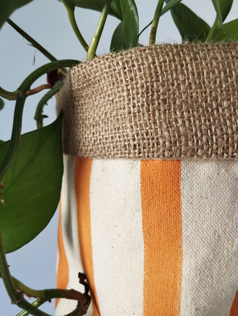 Orange Striped Canvas Planter | 20cm Indoor Plant Pot Hand Printed Fabric, Boho Basket with Waterproof Lining, Leather | Urban Gardener Gift image 8