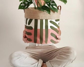 Pink & Olive Green Large Indoor Planter | Hand Painted Canvas Pot Cover | 25x25cm Plant Basket | Artful Home Decor | Thick Brush Lines