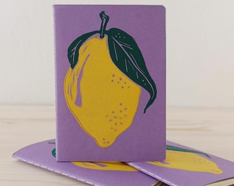 Lemon Print Journal: Purple Block-Printed Notebook, Hand Printed Lemon Design, Notebook Lover Gift for Summer