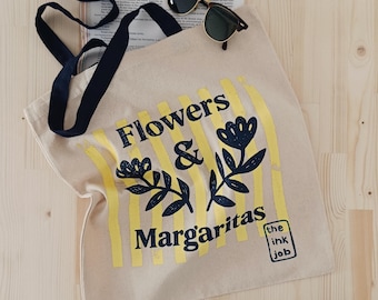 Margarita Tote Bag, Hand Screen Printed Flower Canvas Tote, Summer Beach Bag, Reusable Cotton Shopping Tote, Cocktail Lover Gift