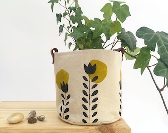 Scandinavian Flower Indoor Planter, Hand Printed Fabric Plant Cover, Rustic Fabric Basket, Hygge Home Decor