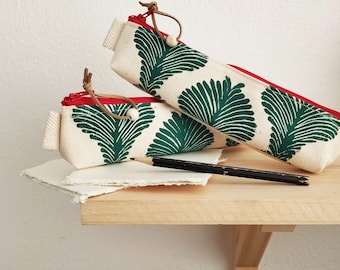 Block Printed Canvas Pencil Case | Handmade Slim Pen Pouch | Cotton Zipper Case for Stationery | Artist Gift | Original Print