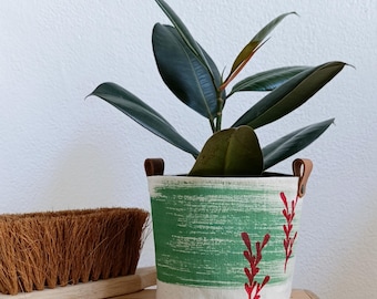 Mint Green Canvas Planter, Hand Painted Fabric Plant Pot Cover, Waterproof Indoor Planter Basket, Modern Plant Lover Gift, 15cm