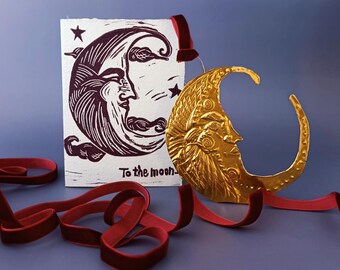 To The Moon And Back Valentine Card & Foil Wall Ornament: Linocut Artwork Mystical Half Moon, Foil Embossed Magic Wall Hang, Moonchild