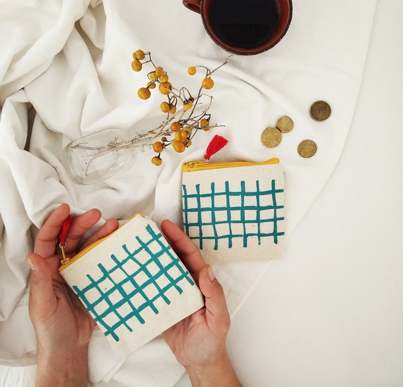 Colorful Grid Print Coin Purse, Blockprinted Zipper Pouch, Minimal Canvas Wallet image 2