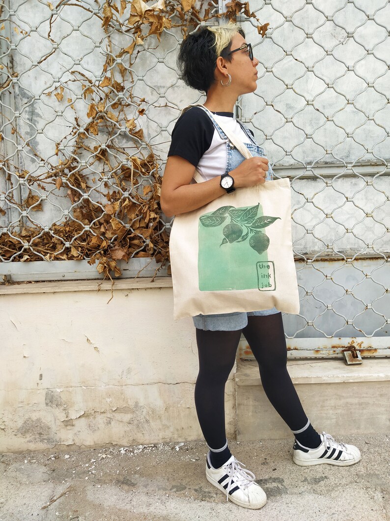 Lemon Tree Blockprinted Tote, Artsy Canvas Bag, Aesthetic Reusable Tote, Farmer's Market Cotton Bag image 8