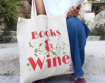 Book Lover Tote Bag, Books & Wine Canvas Tote, Hand Screen Printed Reading Bag, Book Club Gift, Reusable Cotton Library Tote