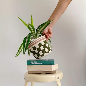 Checkerboard Canvas Planter | Hand Painted Olive Green & Pink Fabric Plant Pot | Trendy Boho Basket with Waterproof Lining | 15cm Planter