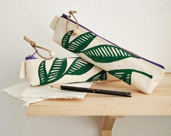 Slim Canvas Pencil Case | Hand Block Printed Leaf Design | Handmade Cotton Pen Case | Stationery Gift
