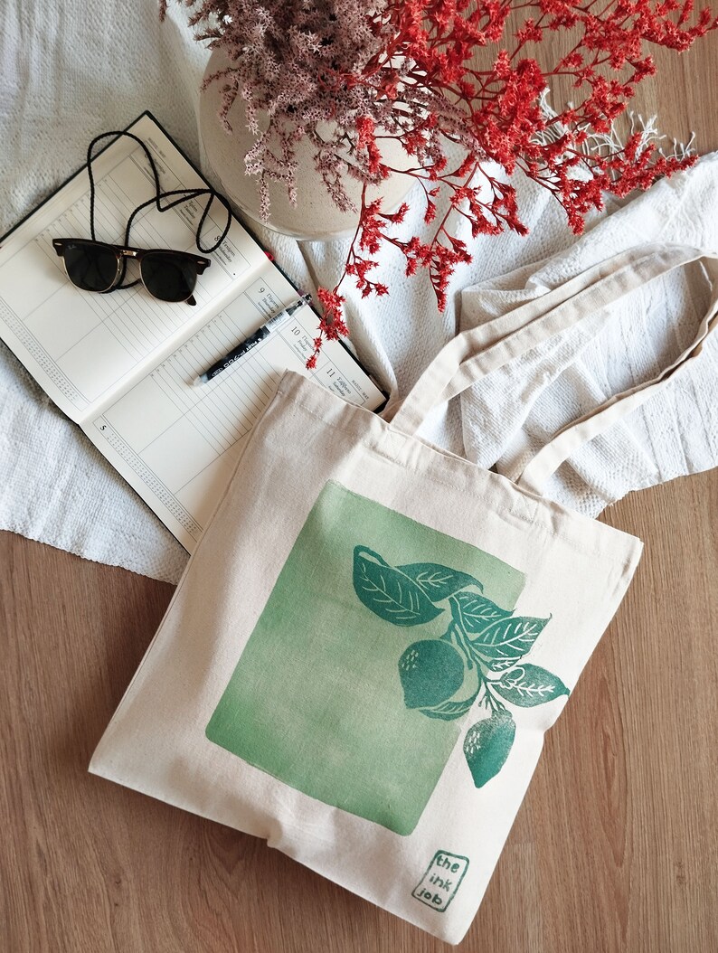Lemon Tree Blockprinted Tote, Artsy Canvas Bag, Aesthetic Reusable Tote, Farmer's Market Cotton Bag image 5