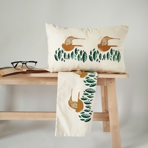 Folk Art Bird Print Pillow, Old-Fashion Bird Throw Pillow, Block Printed Lumbar Cushion, Nature Inspired Sofa Pillow