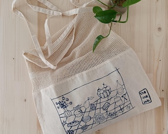 Screen Printed Mesh Tote Bag, Mediterranean Picnic Market Bag, Cotton Grocery Tote, Reusable Beach Bag, Italian Summer Gift