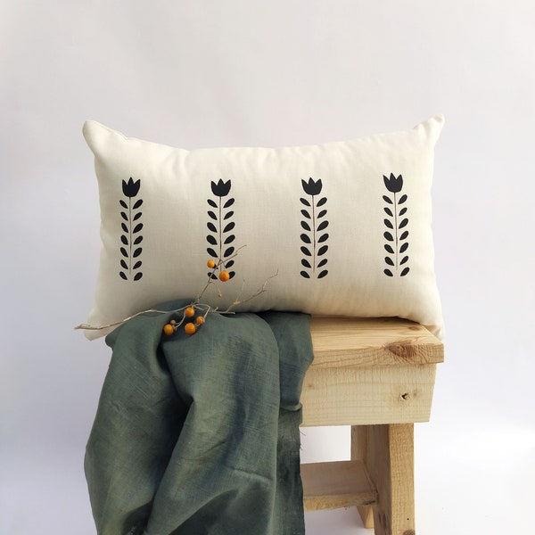 Scandi Flower Print Cushion Cover, Blockprinted Hygge Lumbar Pillow, Off White Canvas Cushion, Minimal Floral Pillow