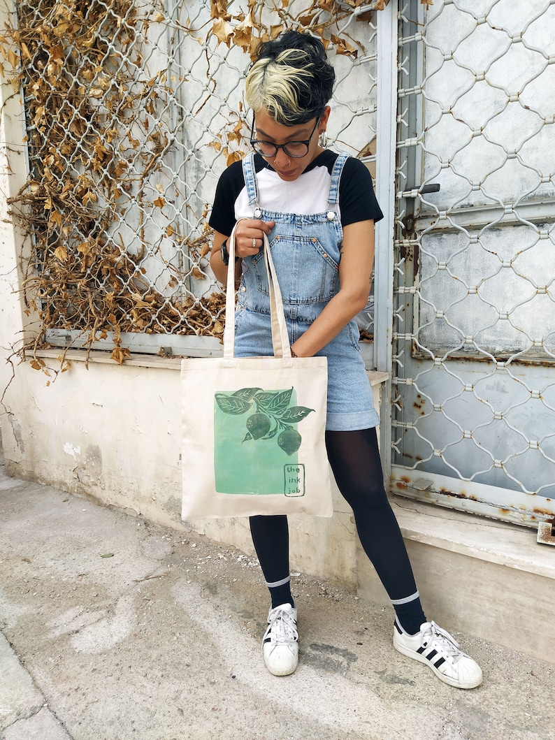 Lemon Tree Blockprinted Tote, Artsy Canvas Bag, Aesthetic Reusable Tote, Farmer's Market Cotton Bag image 7