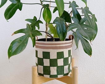 Checkerboard Canvas Planter Cover, Hand Printed Fabric Plant Pot, Graphic Home Decor, Indoor Plant Basket, Modern Housewarming Gift
