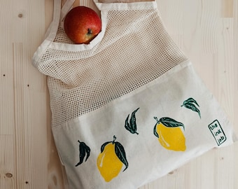 Hand Printed Lemon Mesh Tote Bag, Farmers Market Bag, Reusable Grocery Tote, Canvas Market Bag, Eco Friendly Beach Tote, Summer Gift